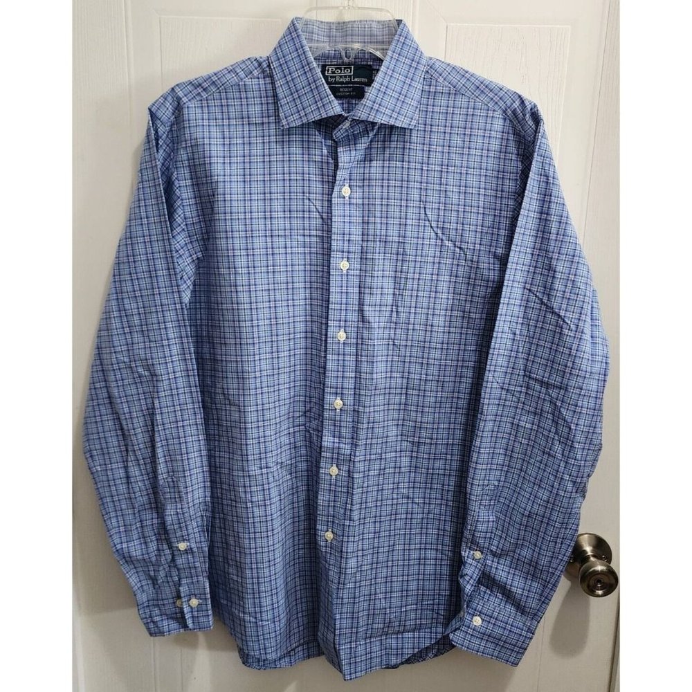 VTG Polo Ralph Lauren Shirt Size Large 16 Blue Plaid Regent Custom Fit Button Up